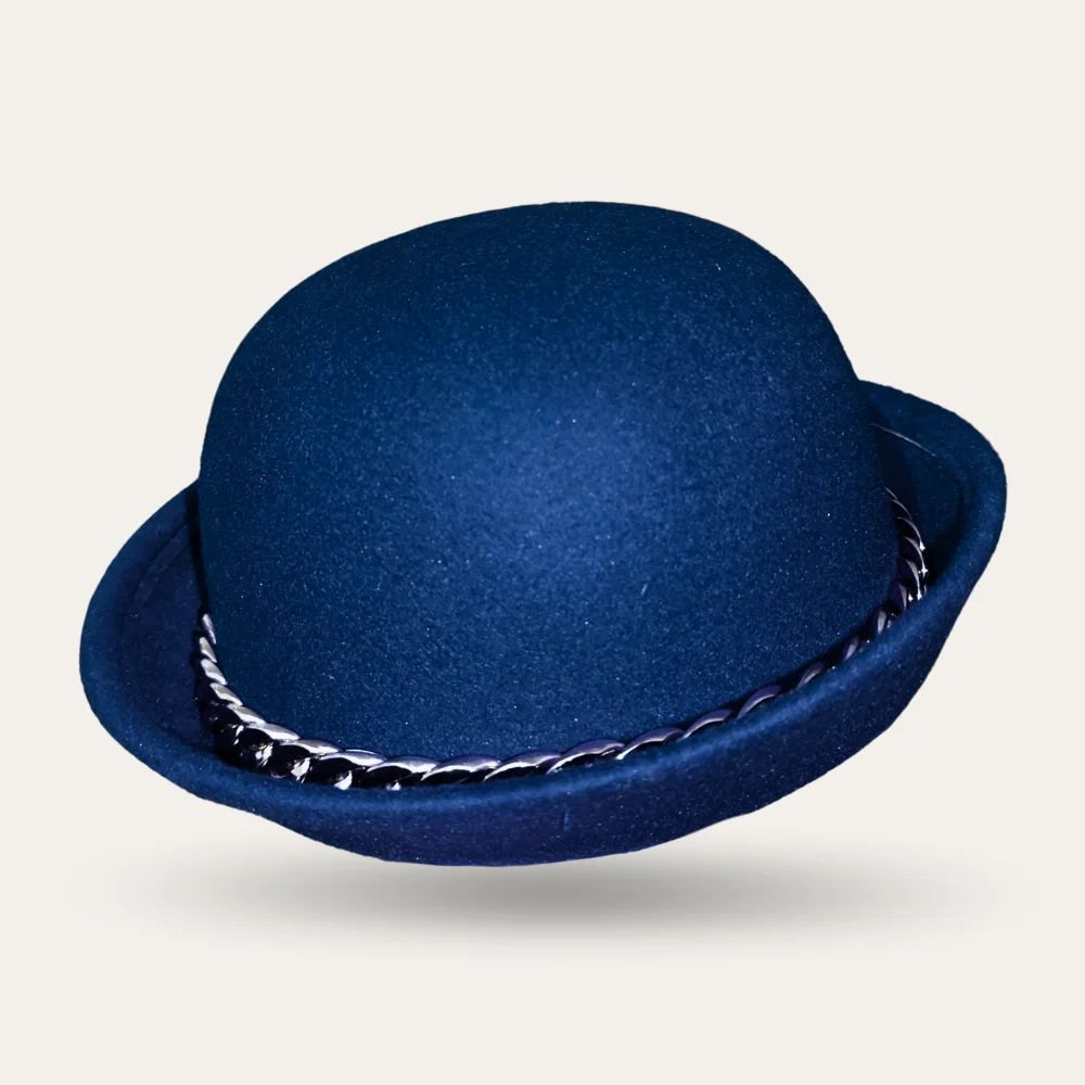 Wool Felt Bowl Hat With Chain - Navy Blue